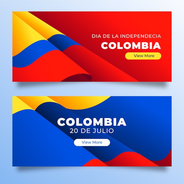 Gradient 20 de julio horizontal banners set with colombian flag colors