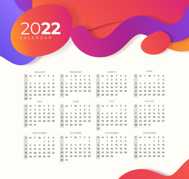 Бесплатное векторное изображение Шаблон календаря градиент 2022
