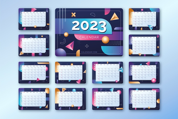 Бесплатный Вектор шаблон ежегодного настенного календаря gradient 2023