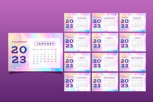 無料ベクター グラデーション 2023 卓上カレンダー テンプレート