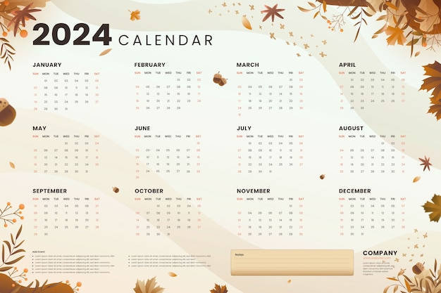 Vettore gratuito modello di calendario 2024 sfumato con vegetazione