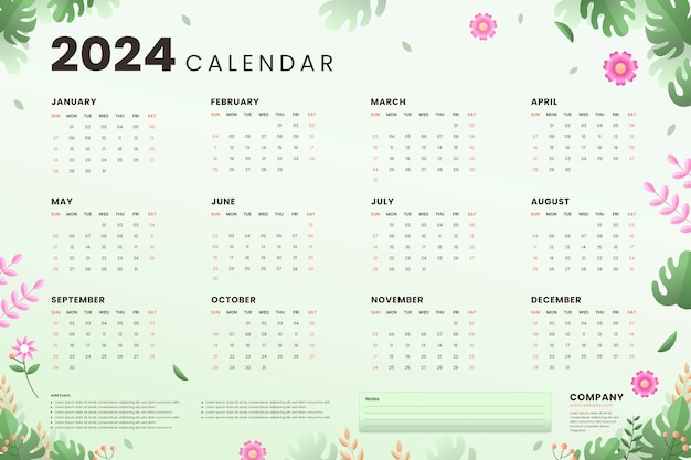 Vettore gratuito modello di calendario 2024 sfumato con vegetazione