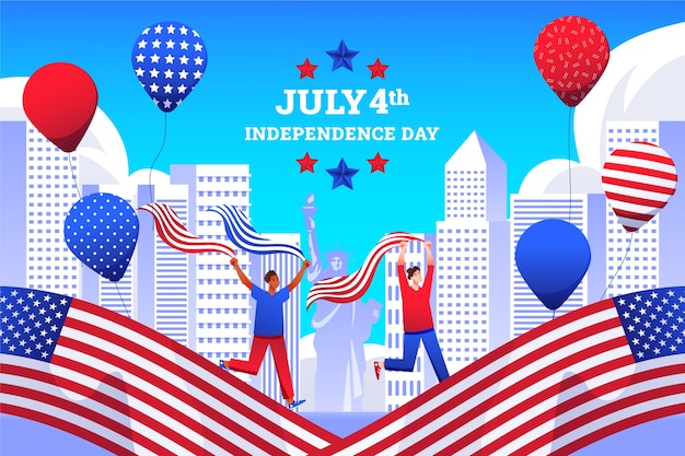 Free vector gradient 4th of july background with people celebrating and balloons
