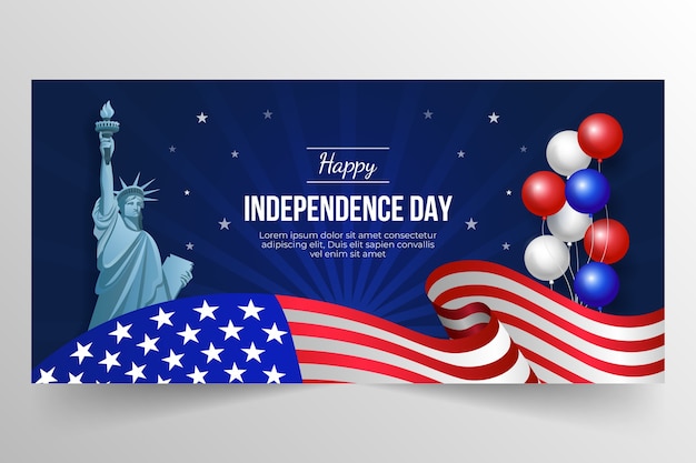 Gradient 4th of july horizontal banner template with balloons and statue of liberty