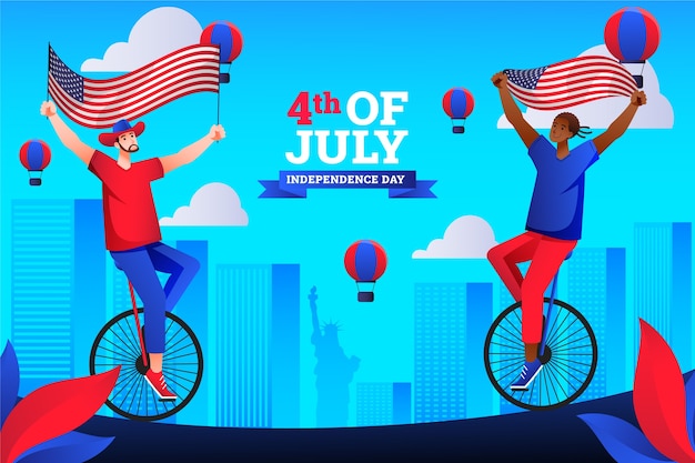 Vettore gratuito gradiente 4 luglio illustrazione con persone su monocicli