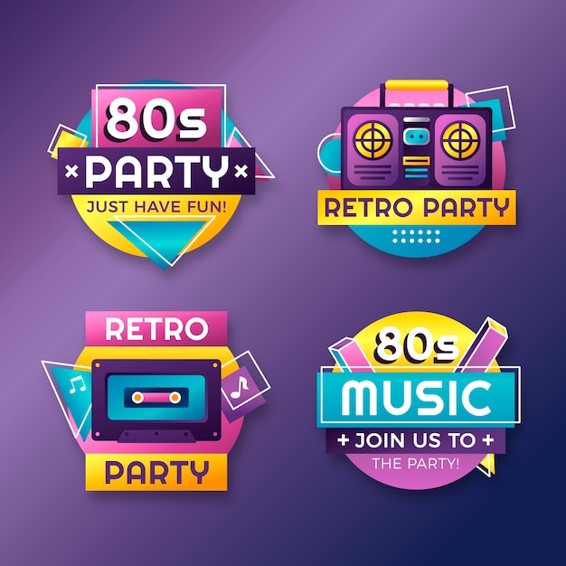 Gradient 80’s themed party labels collection – Free Vector Download