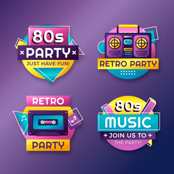 無料Vector グラデーション80年代をテーマにしたパーティーラベルコレクション