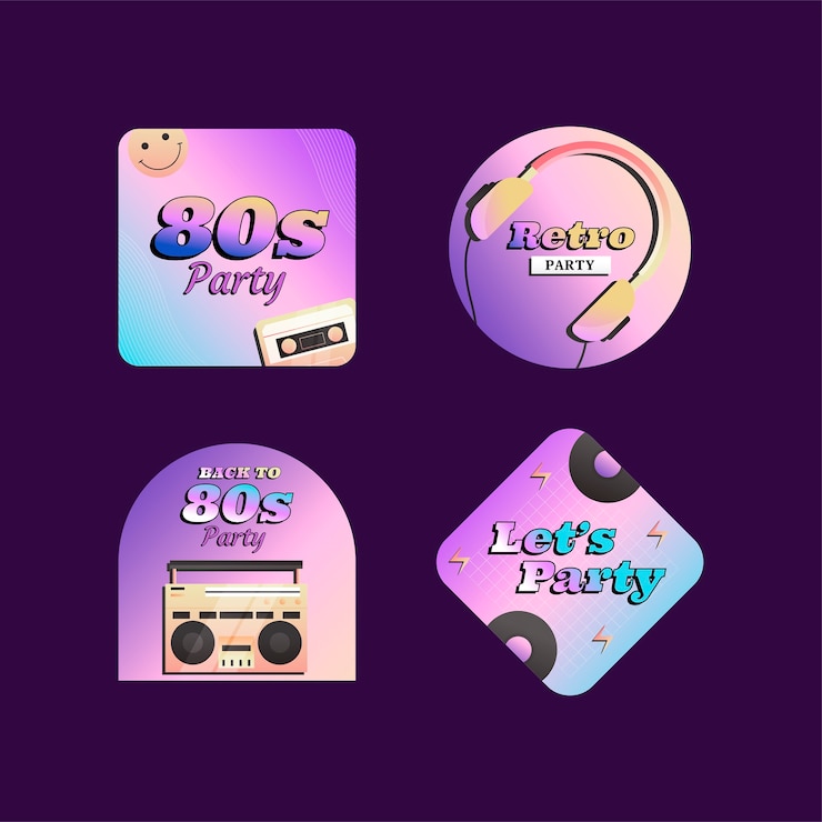 無料Vector グラデーション80年代をテーマにしたパーティーラベルコレクション