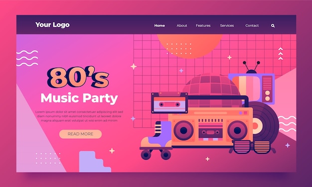 Gradient 80s party celebration landing page template