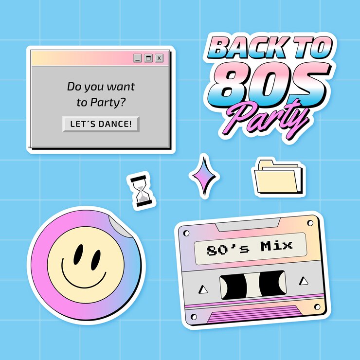 무료 Vector 그라데이션 80s 파티 레이블 템플릿