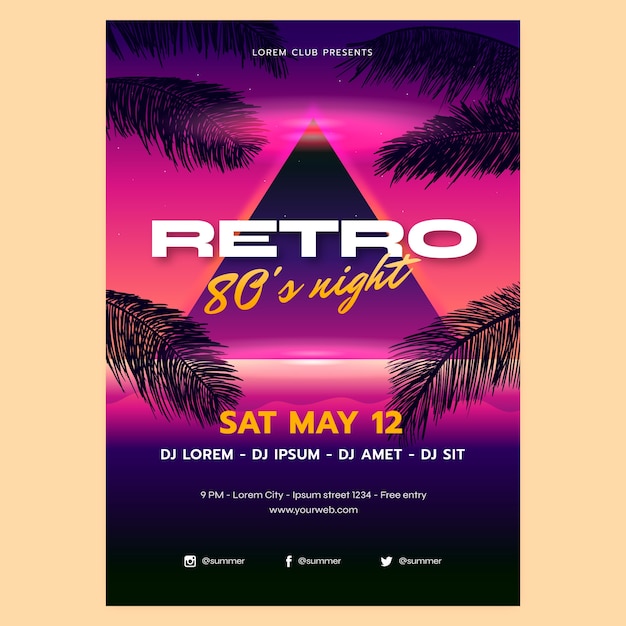 Free vector gradient 80s retro party poster template for summertime