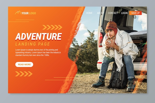 Gradient adventure landing page template with photo