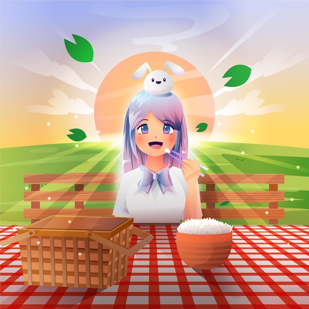 Vettore gratuito ragazza anime sfumata che fa un picnic