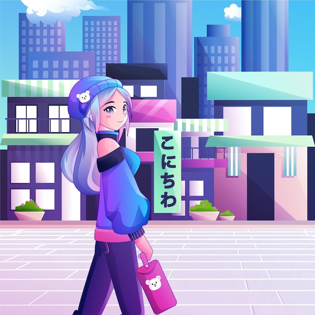 Gradient anime people walking down the street