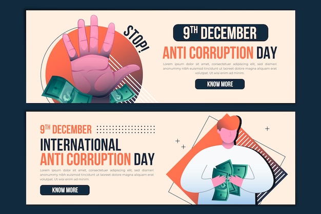 Бесплатное векторное изображение Набор горизонтальных баннеров градиентный день борьбы с коррупцией