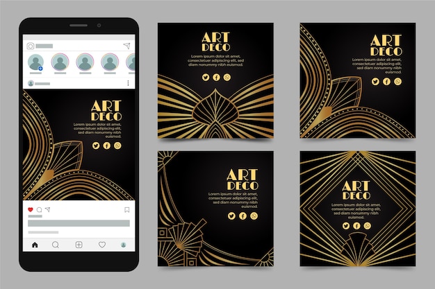 Vettore gratuito collezione di post instagram art deco sfumato