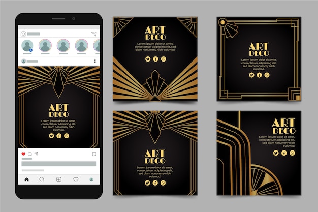 Free vector gradient art deco instagram post collection