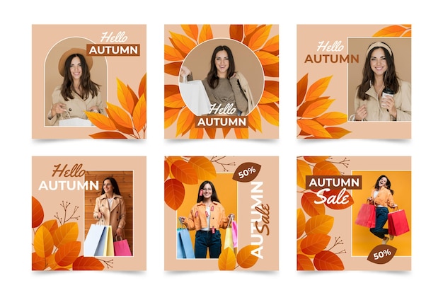 Free vector gradient autumn instagram posts collection with photo