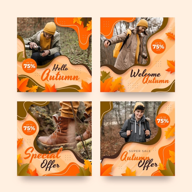 Free vector gradient autumn instagram posts with photo