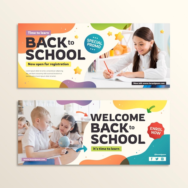 Free vector gradient back to school horizontal banners set with photo