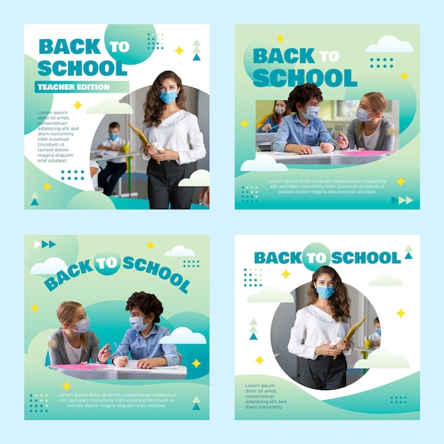 Free vector gradient back to school instagram posts collection with photo