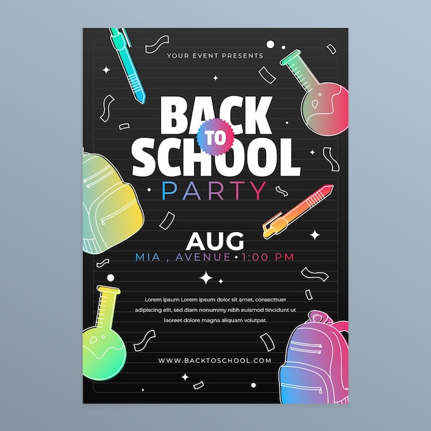 Free vector gradient back to school party poster template with school supplies