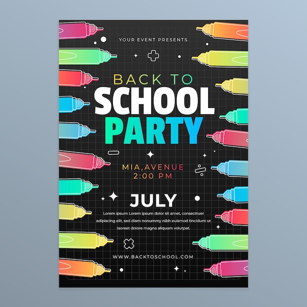 Gradient back to school party poster template with school supplies