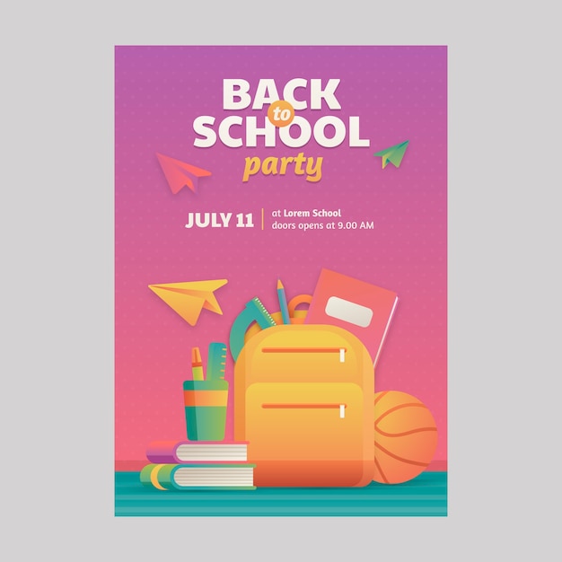 Gradient back to school party poster template with school supplies