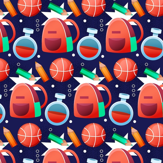 Free vector gradient back to school pattern design with backpacks and basketballs