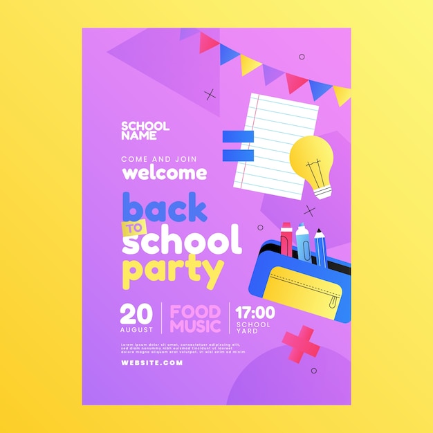 Бесплатное векторное изображение Градиент обратно в школьную вечеринку шаблон плаката
