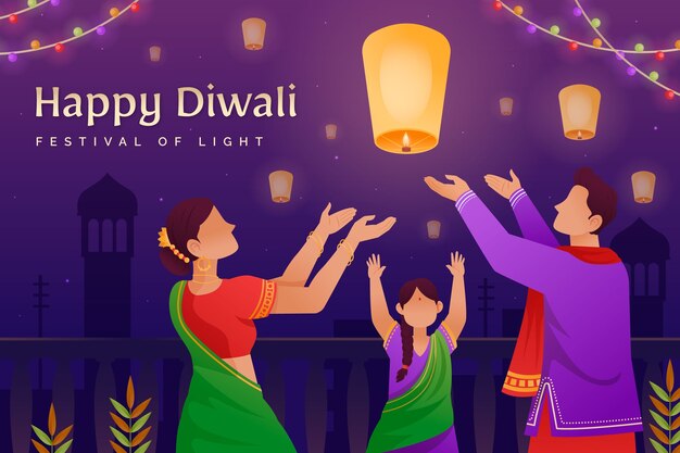 Gradient background for diwali festival celebration with family launching lantern