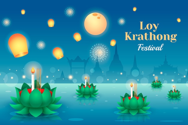 무료 벡터 loy krathong 태국 축제 축하를 위한 그라데이션 배경
