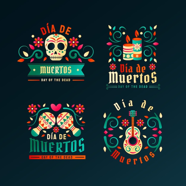 Free vector gradient badges collection for dia de muertos celebration