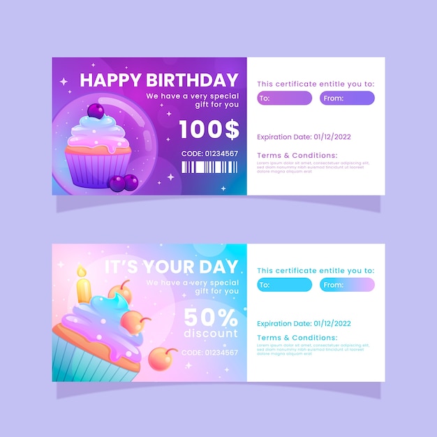 Бесплатное векторное изображение Градиентный дизайн подарочного сертификата на день рождения