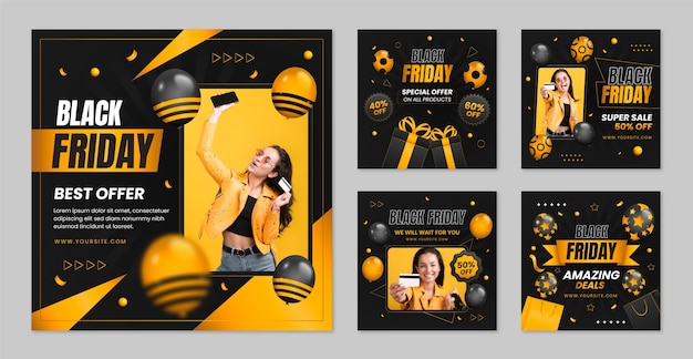 Free vector gradient black friday instagram post set