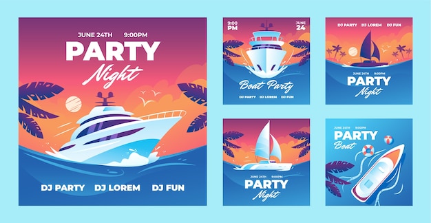 Free vector gradient boat party instagram post collection