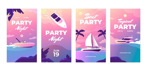 Gradient boat party instagram stories collection with boat on water at sunset