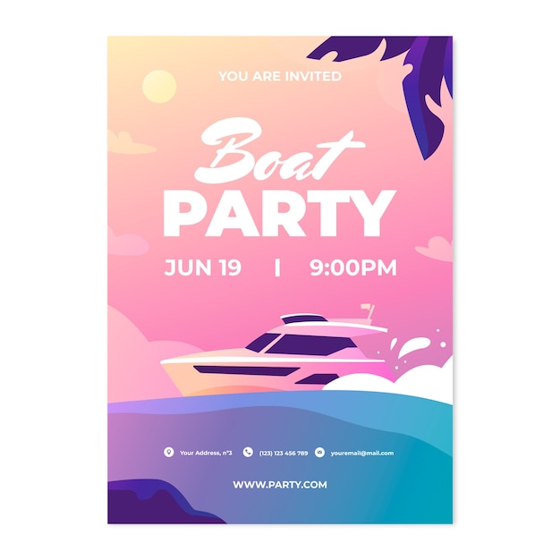 Free vector gradient boat party invitation template with boat on water at sunset