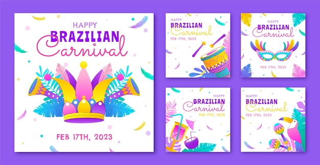 Vettore gratuito collezione di post su instagram per la celebrazione del carnevale brasiliano sfumato