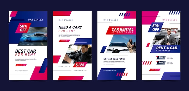 Free vector gradient car dealership instagram stories set