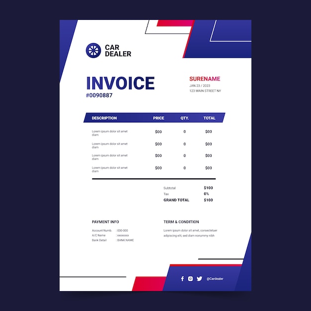 Free vector gradient car dealership invoice template