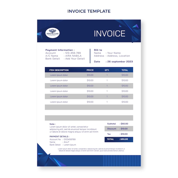 Free vector gradient car rental invoice