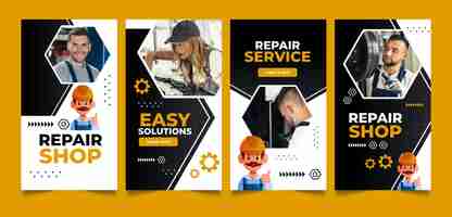 Free vector gradient car repair shop services instagram stories collection