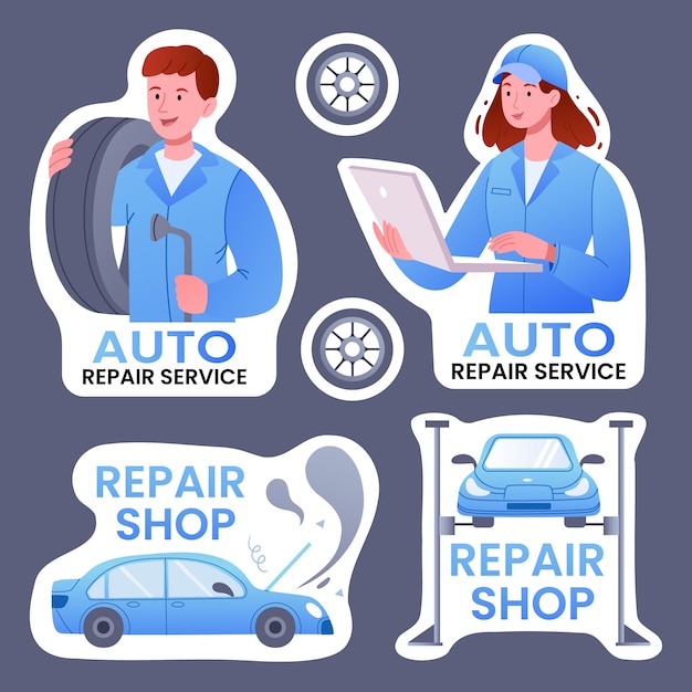 Free vector gradient car repair shop services labels collection