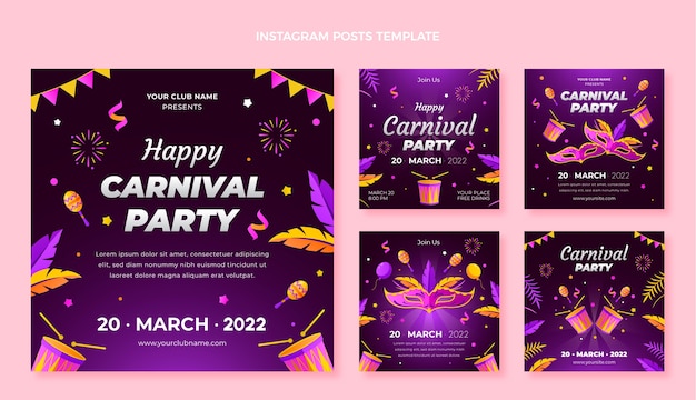 Vettore gratuito collezione di post instagram di carnevale sfumato