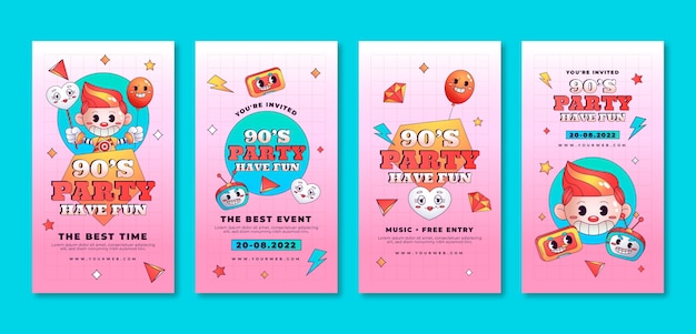 Gradient cartoon 90s party instagram stories collection