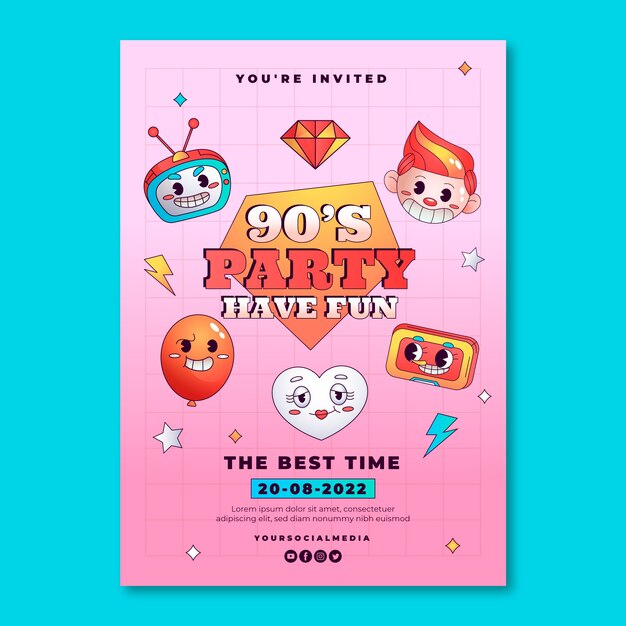 gradient cartoon 90s party invitation template