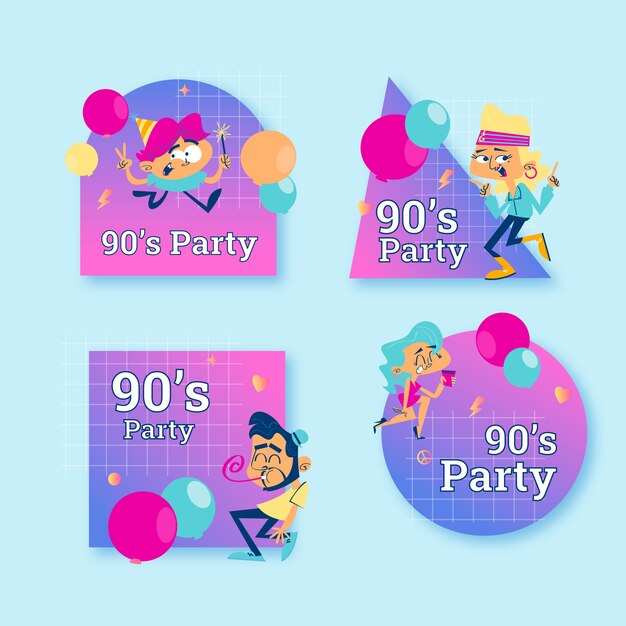 Gradient cartoon 90s party label collection