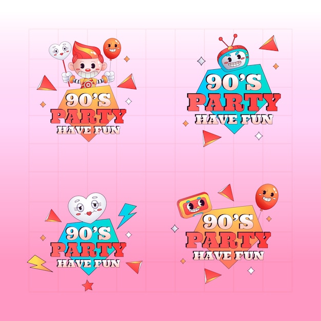 Gradient cartoon 90s party labels collection