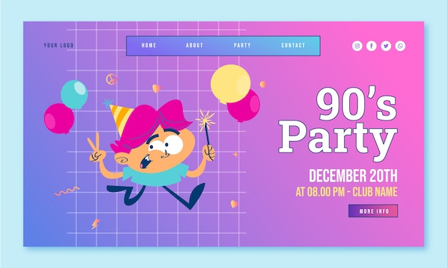 Gradient cartoon 90s party landing page template